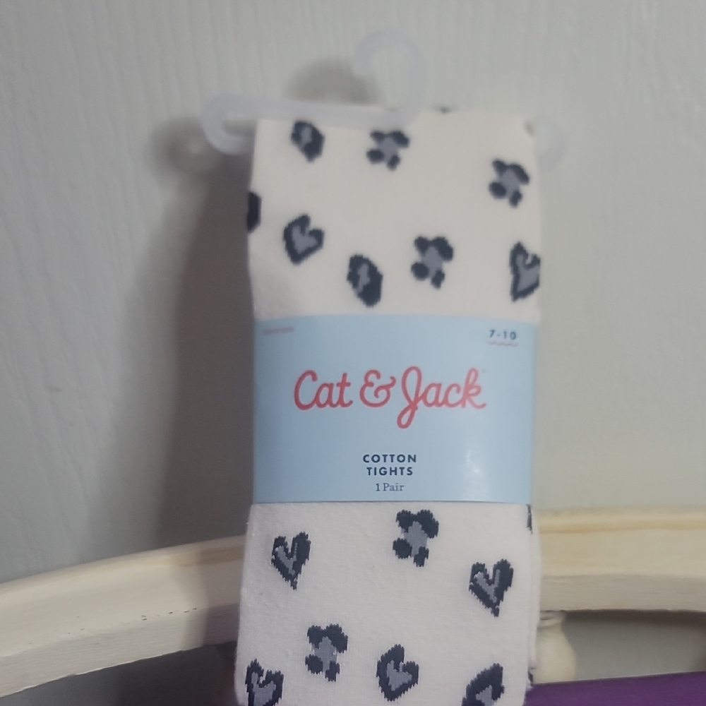 Cat & Jack Cream Tights with Black Heart &  Animal Print Design